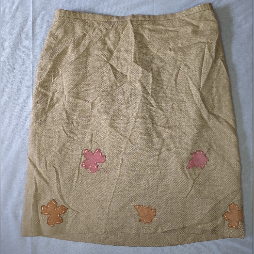 Oscar De La Renta Beige Pencil Skirt Size 4P Suede Leaves Wool‎ Blend Autumn